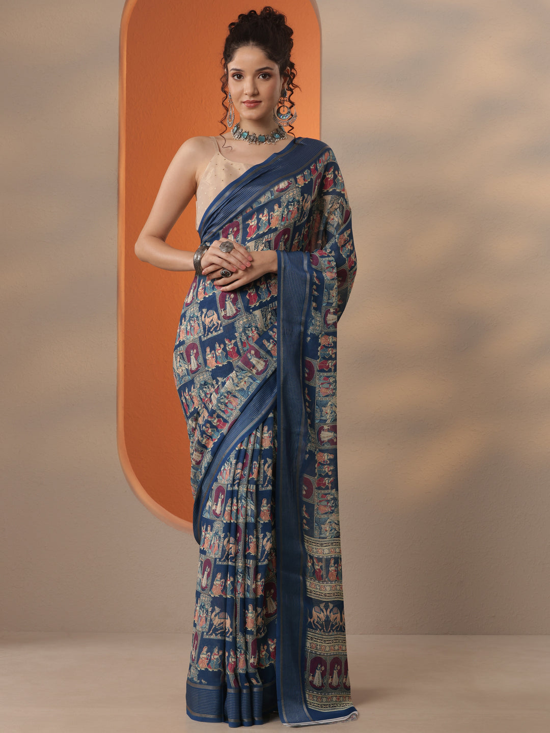  Blue Tribal Printed Georgette Saree With Unstitched Blouse Piece 
