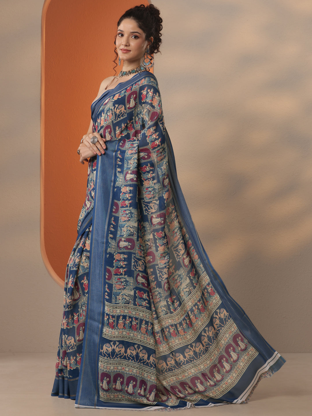  Blue Tribal Printed Georgette Saree With Unstitched Blouse Piece 