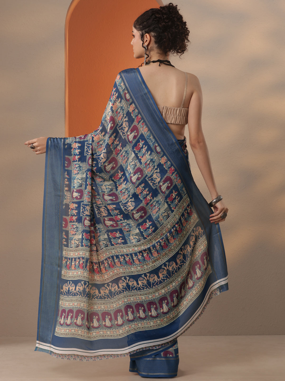  Blue Tribal Printed Georgette Saree With Unstitched Blouse Piece 