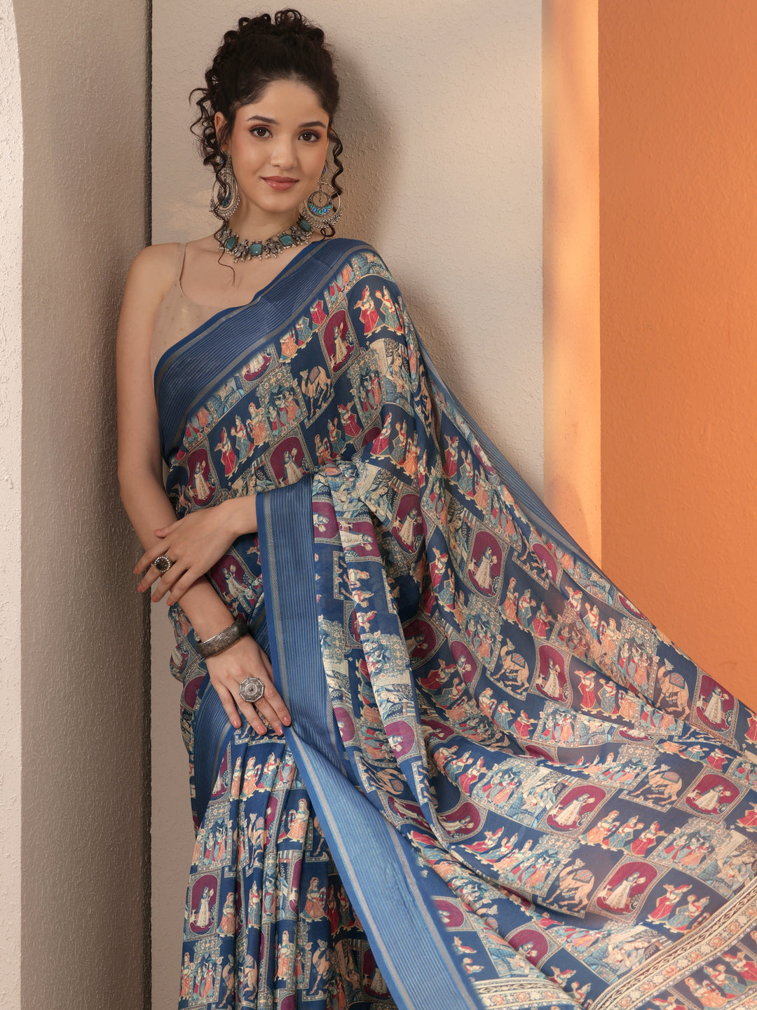 Blue Tribal Printed Georgette Saree With Unstitched Blouse Piece