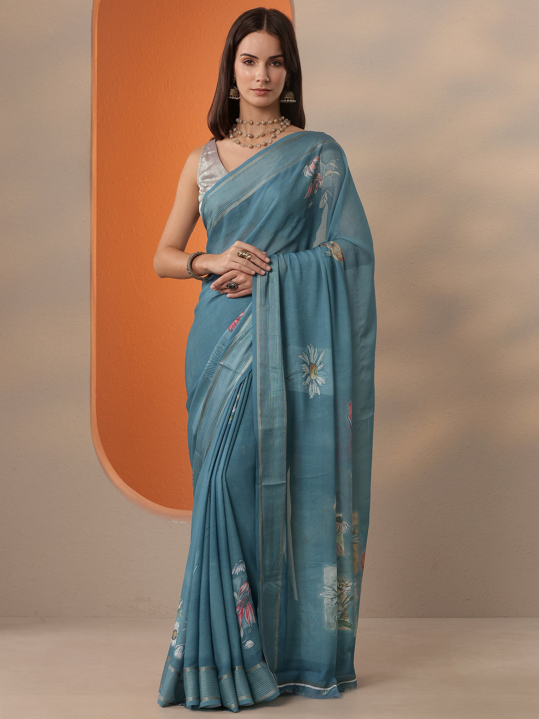 Blue Printed Georgette Saree With Unstitched Blouse Piece