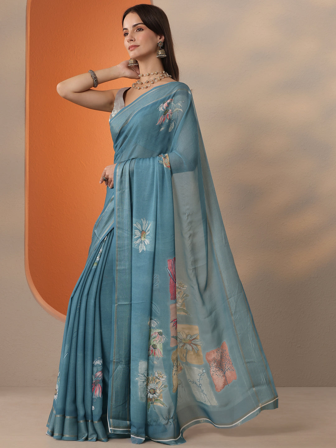  Blue Solid Georgette Saree With Unstitched Blouse Piece 