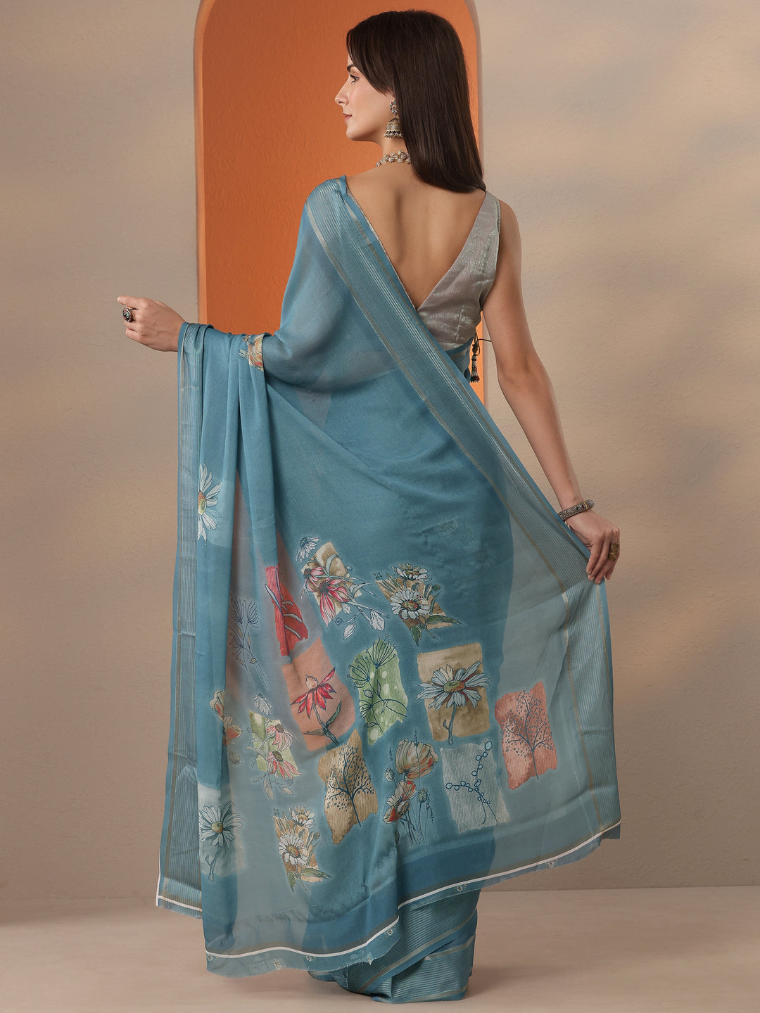  Blue Solid Georgette Saree With Unstitched Blouse Piece 