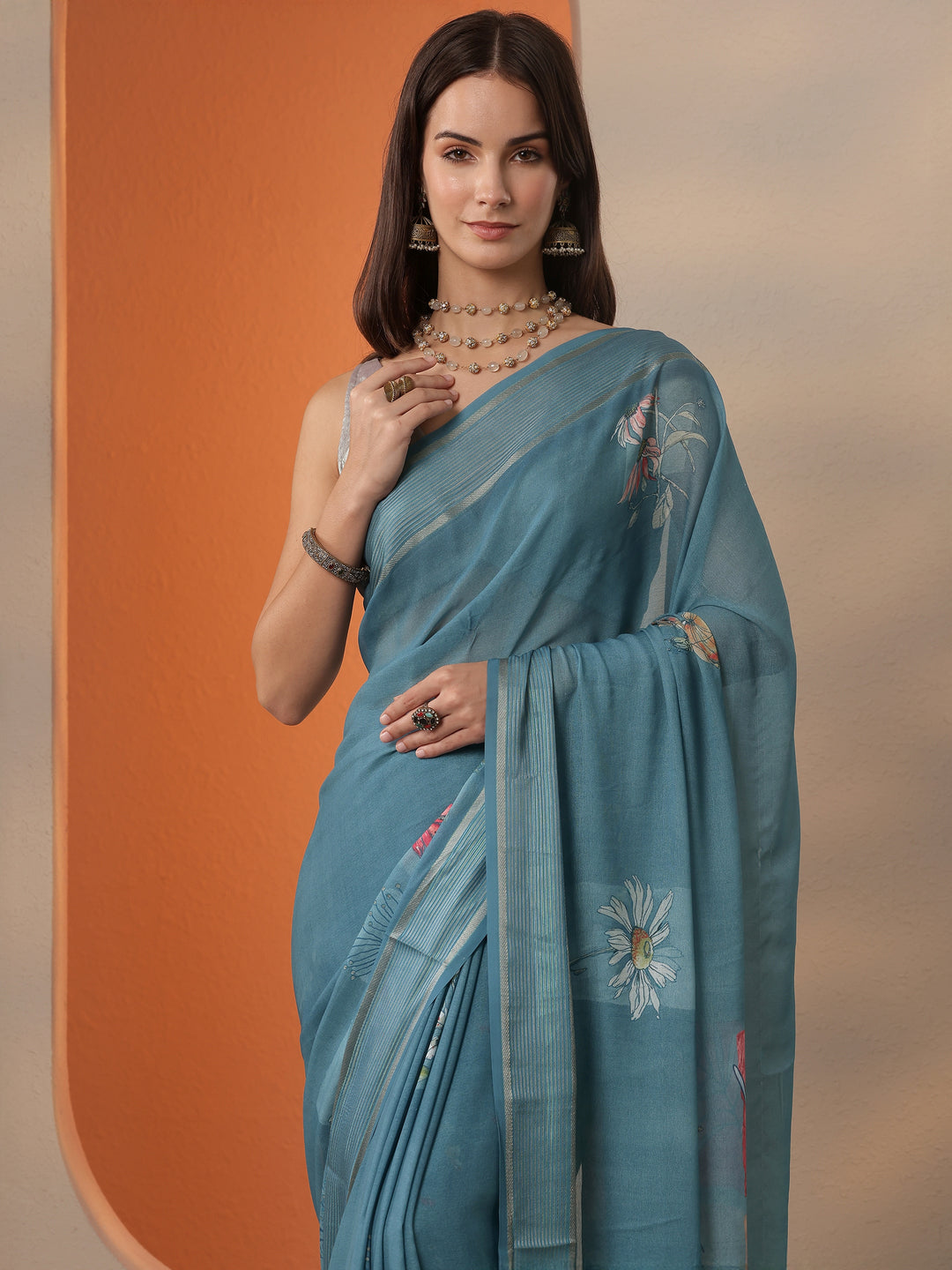  Blue Solid Georgette Saree With Unstitched Blouse Piece 