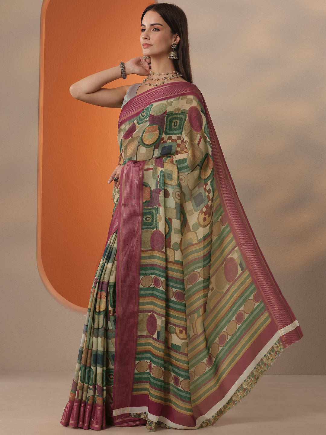  Multi Printed Georgette Saree With Unstitched Blouse Piece 
