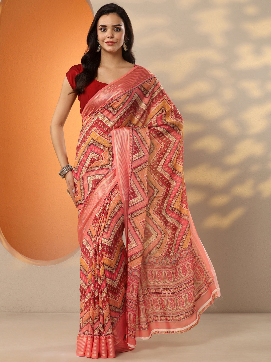  Coral Printed Pure Georgette Saree With Unstitched Blouse Piece 