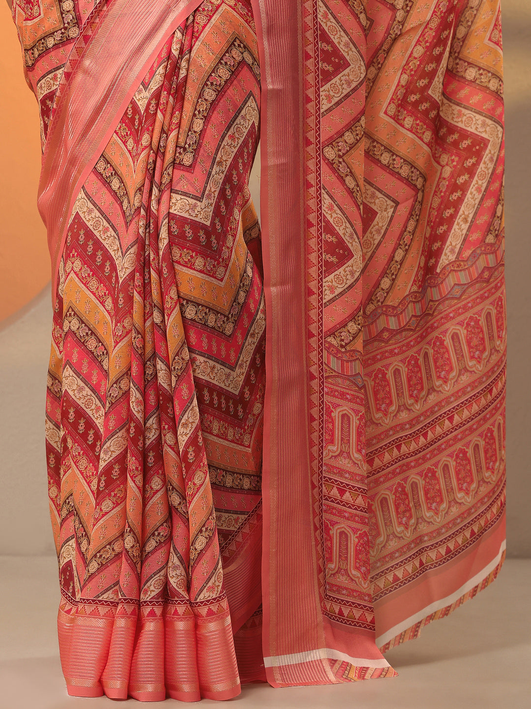  Coral Printed Pure Georgette Saree With Unstitched Blouse Piece 