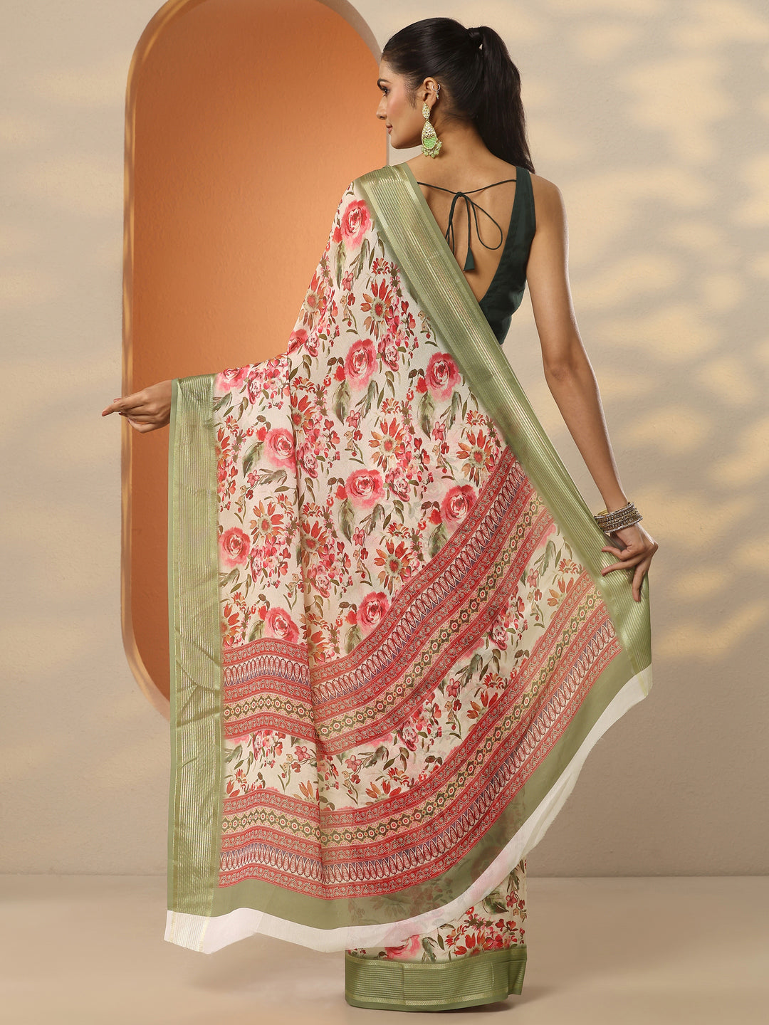  Cream Printed Pure Georgette Saree With Unstitched Blouse Piece 