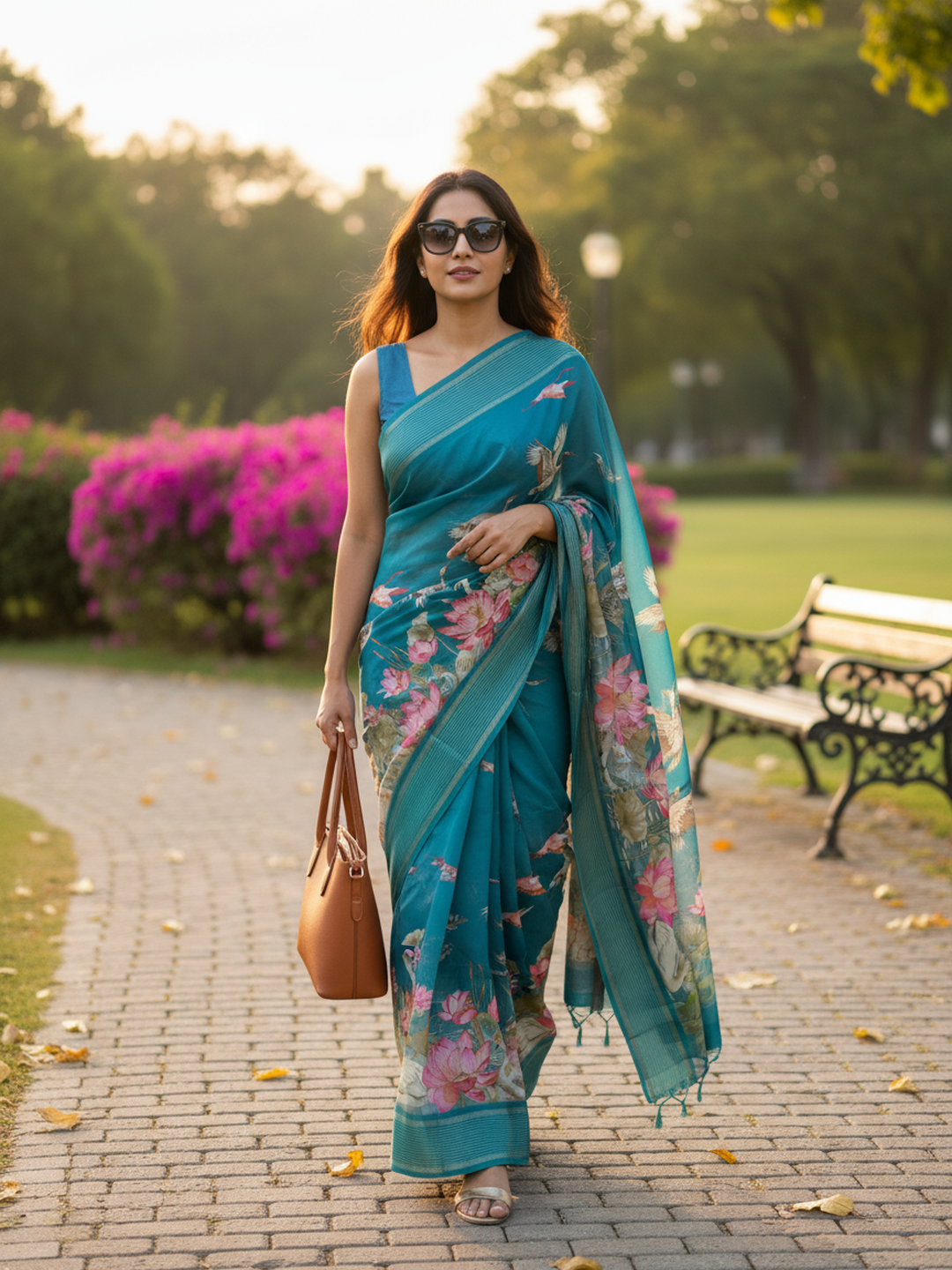 Green Printed Pure Georgette Saree With Unstitched Blouse Piece