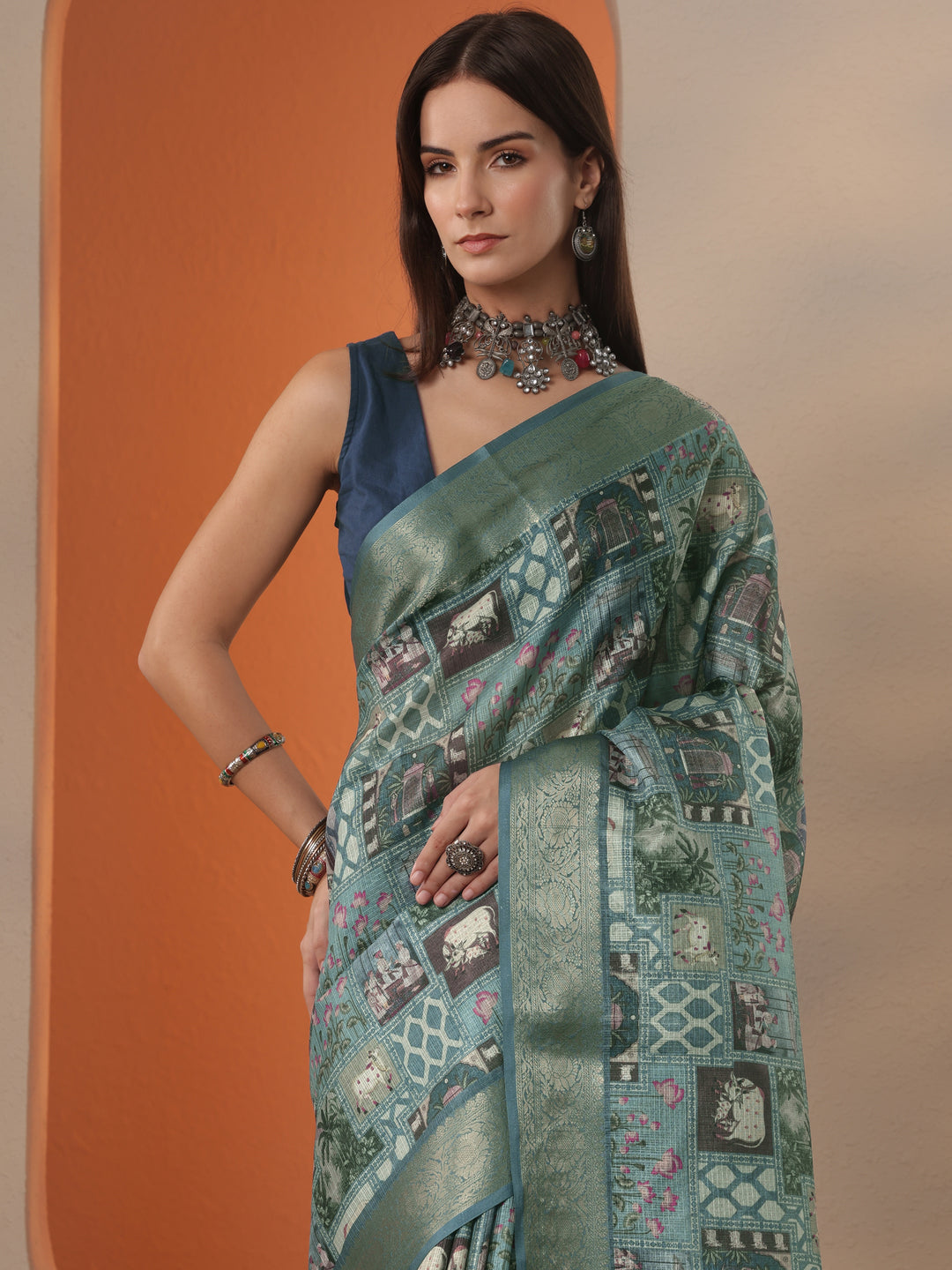  Blue Tribal Printed Kota Saree With Unstitched Blouse Piece 