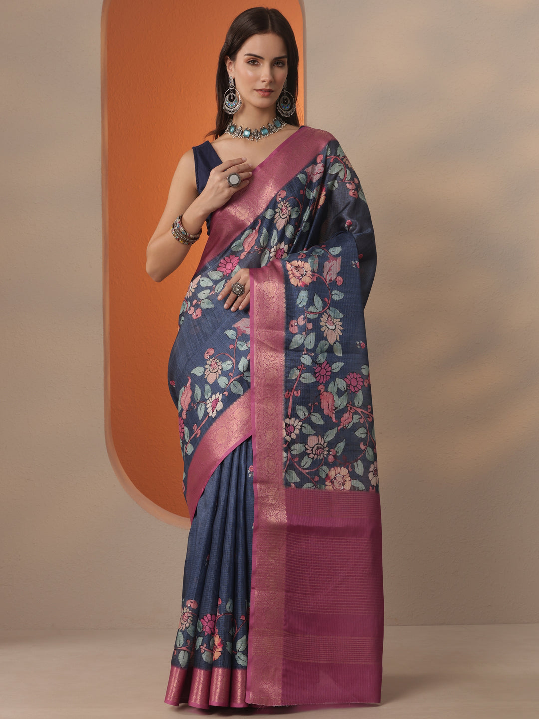  Navy Blue Printed Kota Saree With Unstitched Blouse Piece 