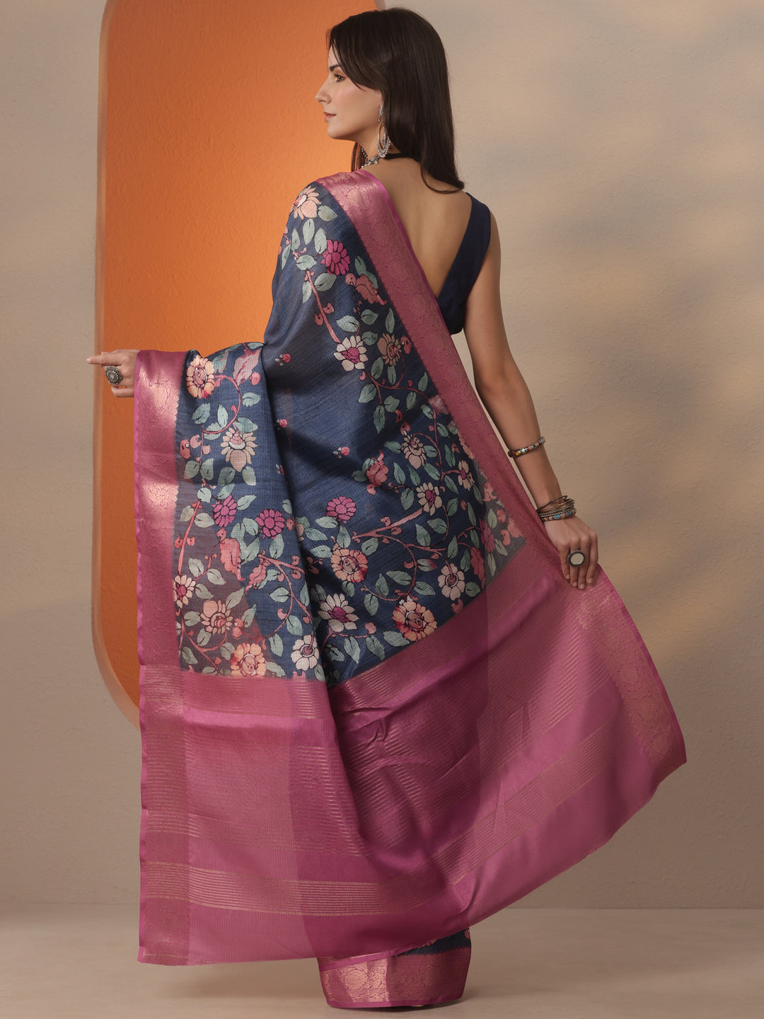  Navy Blue Printed Kota Saree With Unstitched Blouse Piece 