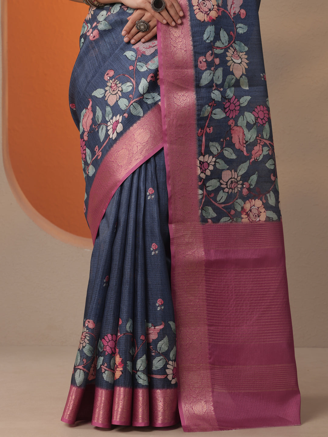  Navy Blue Printed Kota Saree With Unstitched Blouse Piece 