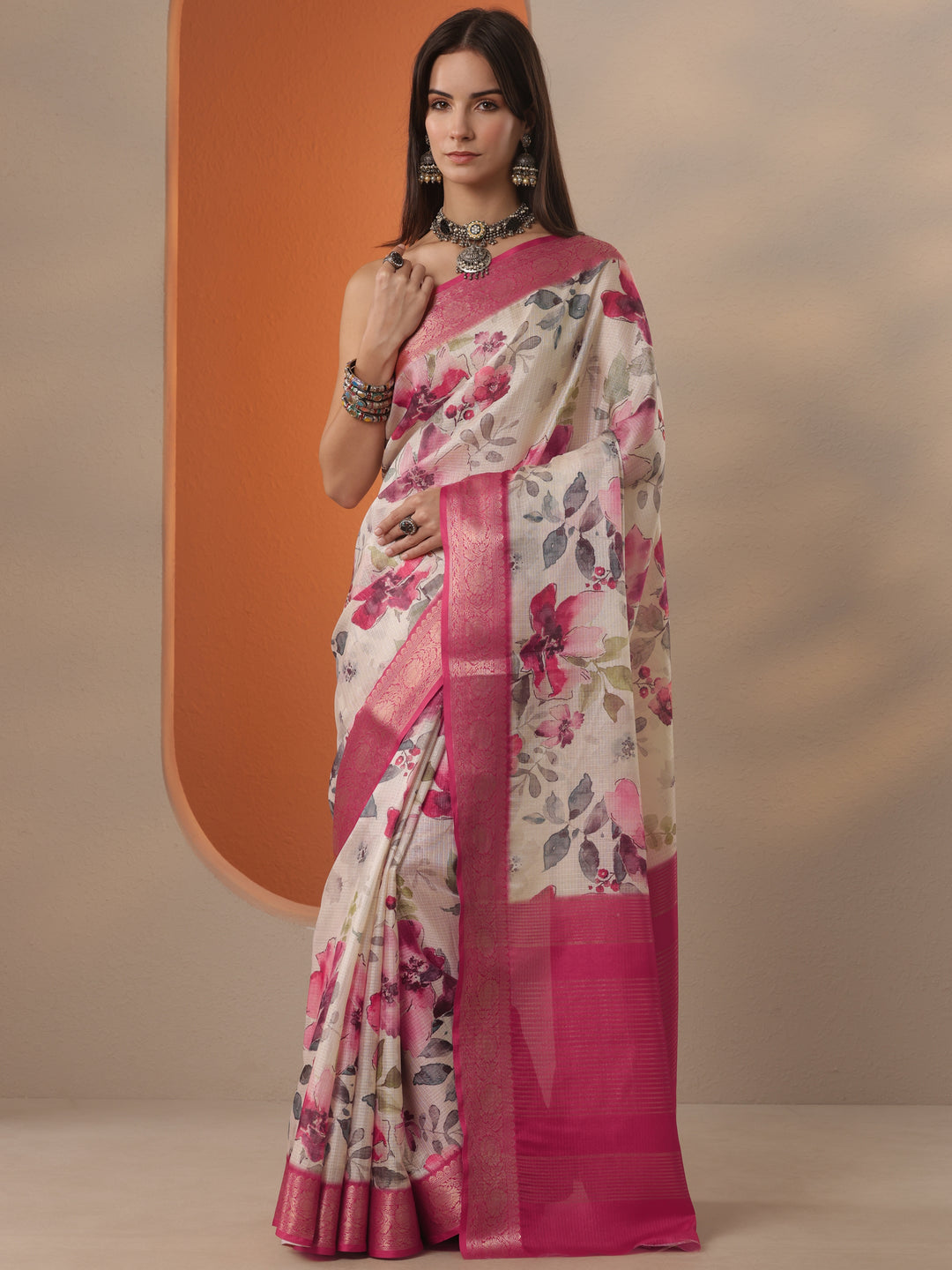  Beige Printed Kota Saree With Unstitched Blouse Piece 
