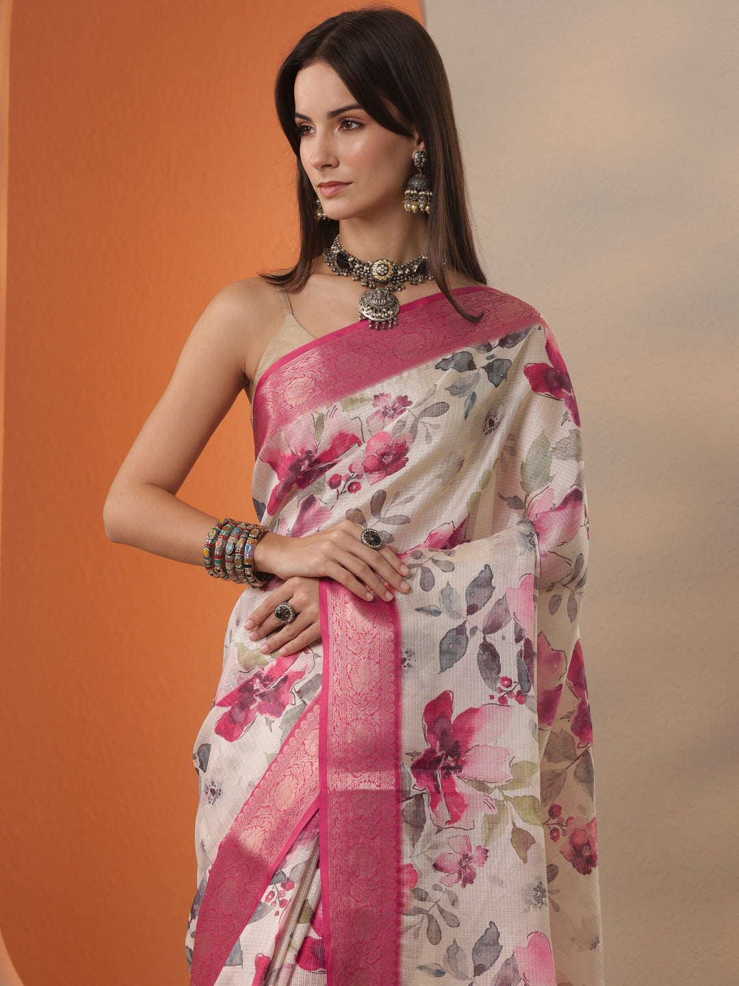  Beige Printed Kota Saree With Unstitched Blouse Piece 