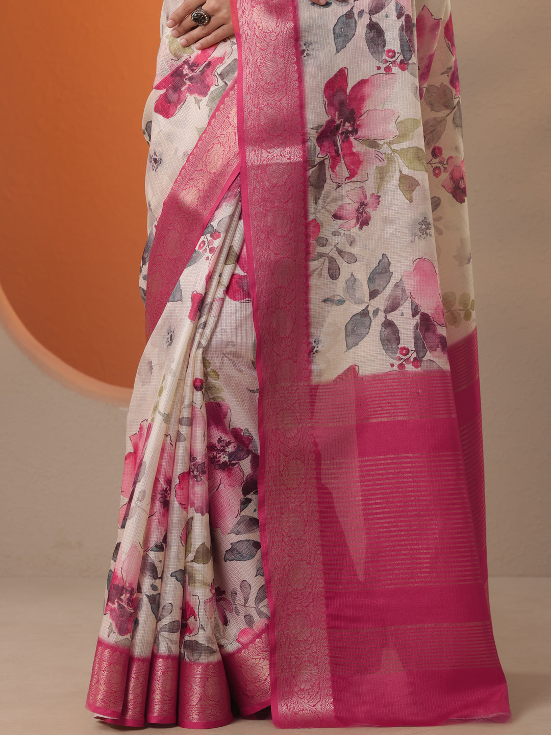  Beige Printed Kota Saree With Unstitched Blouse Piece 
