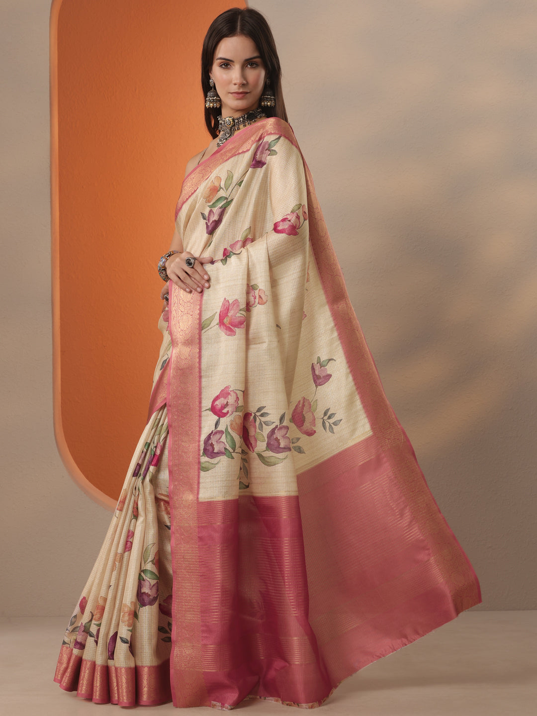  Beige Printed Kota Saree With Unstitched Blouse Piece 