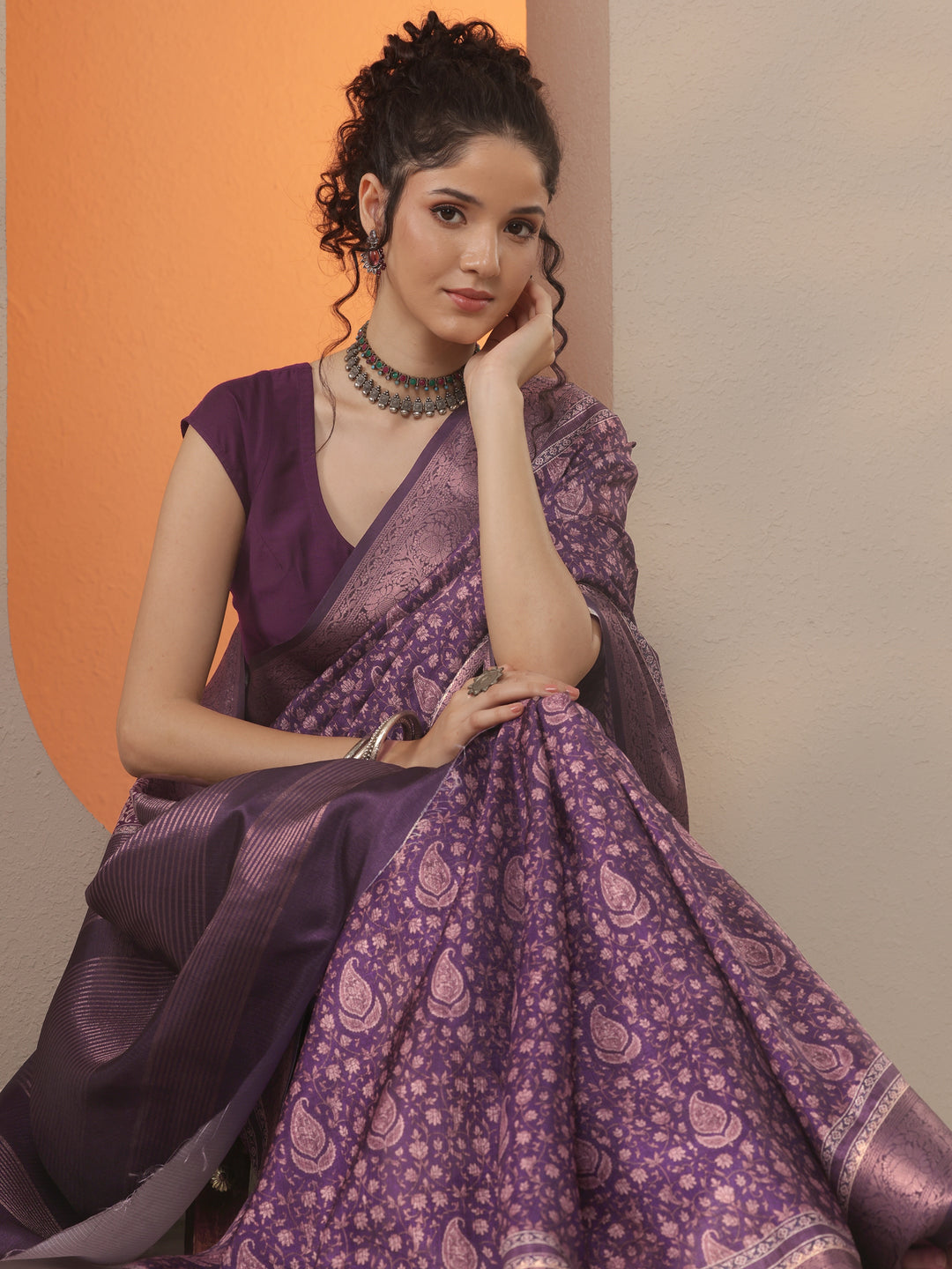 Purple Printed Kota Saree With Unstitched Blouse Piece