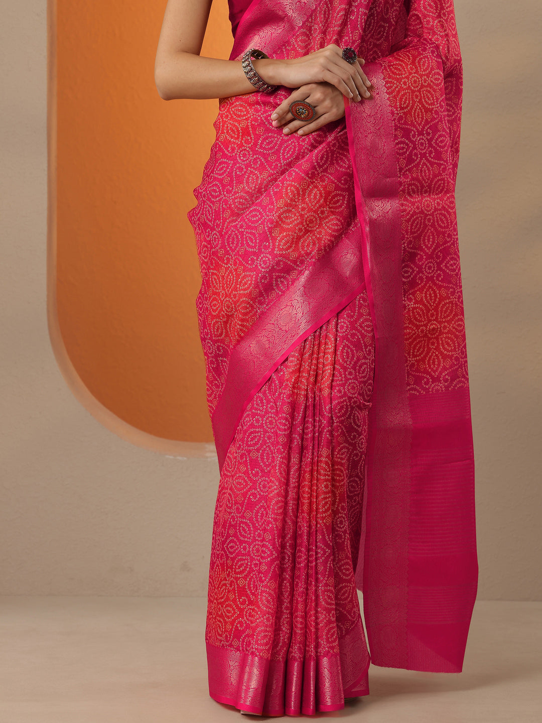  Coral Bandhani Printed Kota Saree With Unstitched Blouse Piece 