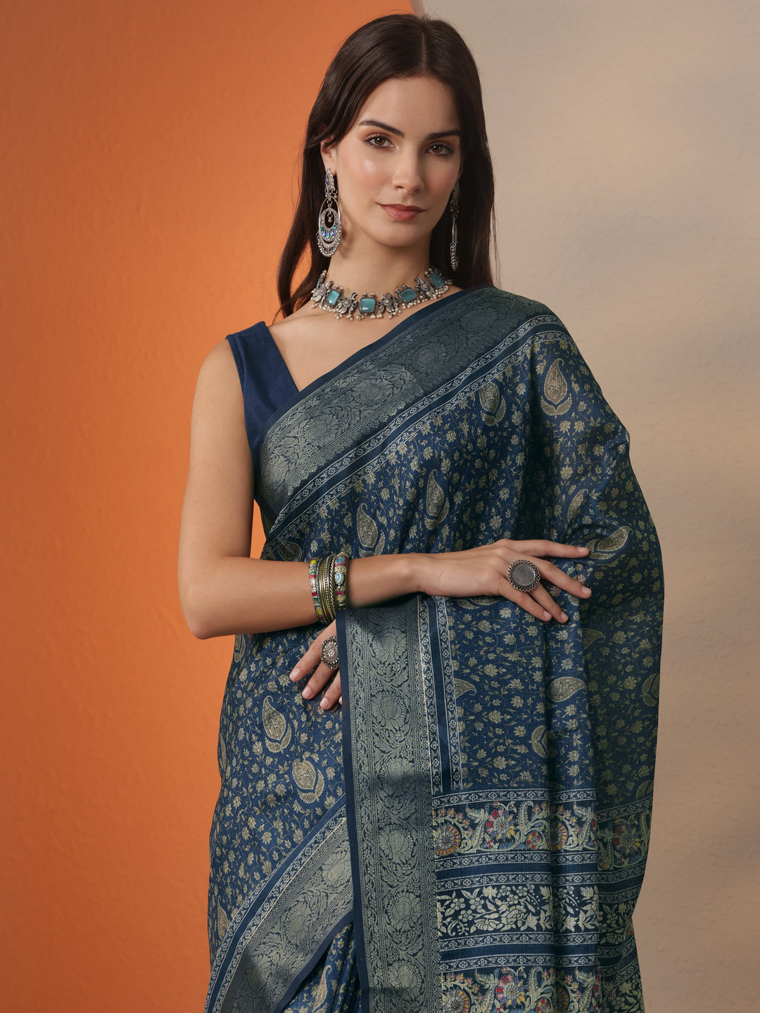  Navy Blue Printed Kota Saree With Unstitched Blouse Piece 