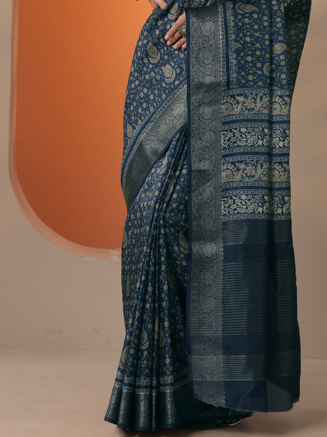  Navy Blue Printed Kota Saree With Unstitched Blouse Piece 