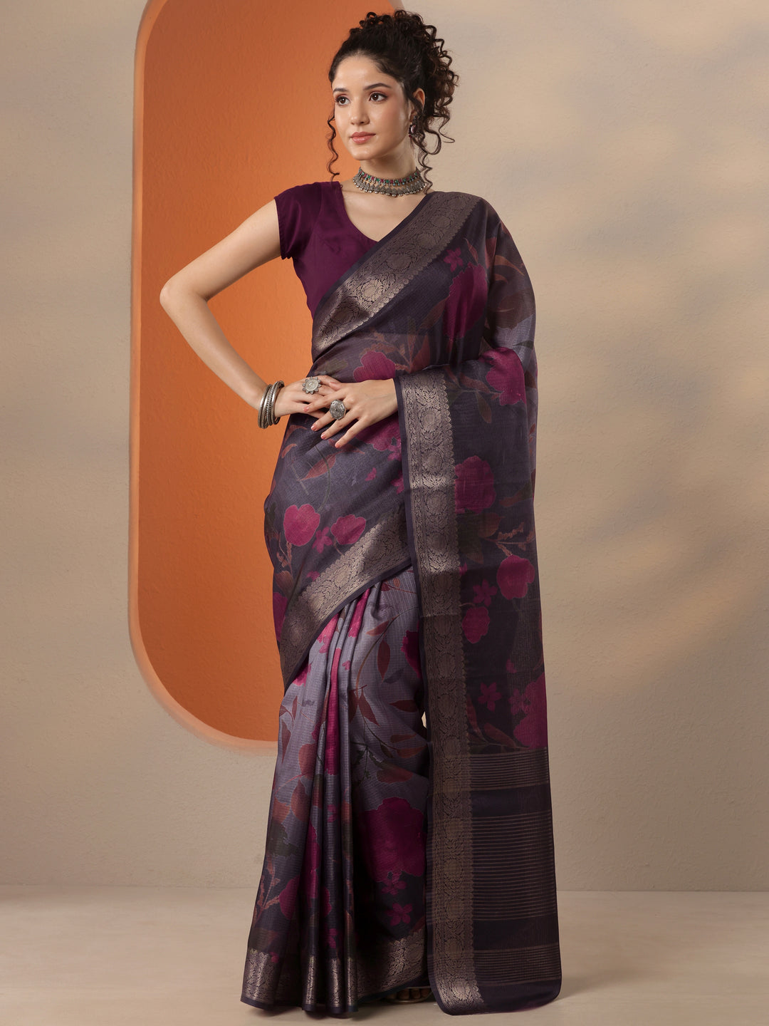  Grey Printed Kota Saree With Unstitched Blouse Piece 