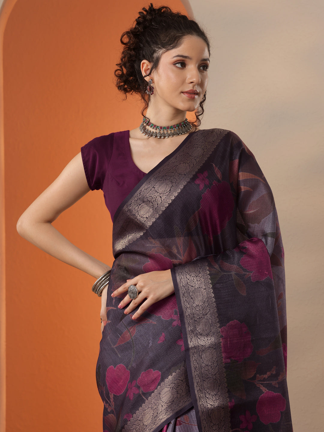  Grey Printed Kota Saree With Unstitched Blouse Piece 