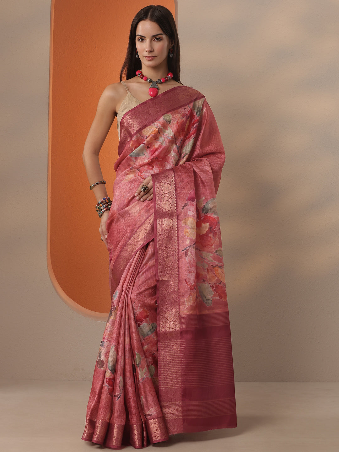  Coral Printed Kota Saree With Unstitched Blouse Piece 