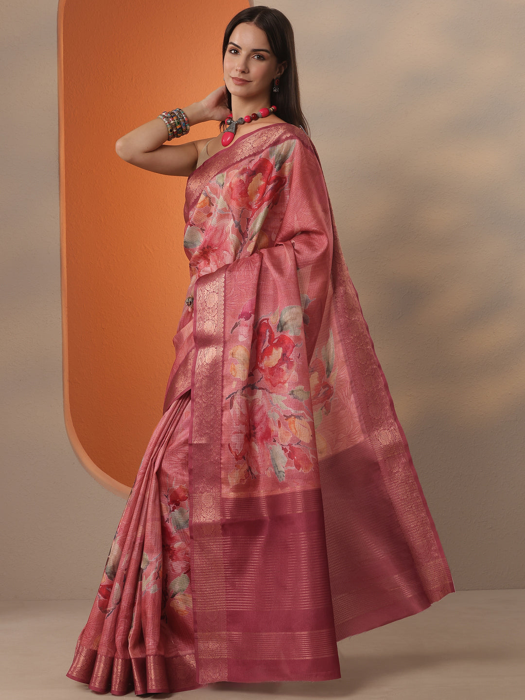  Coral Printed Kota Saree With Unstitched Blouse Piece 
