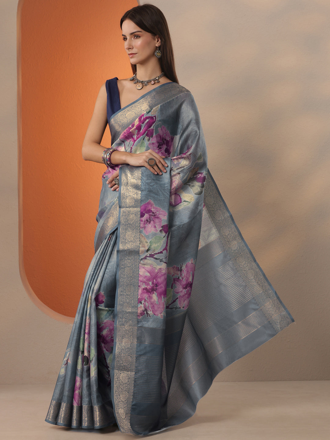  Grey Printed Kota Saree With Unstitched Blouse Piece 