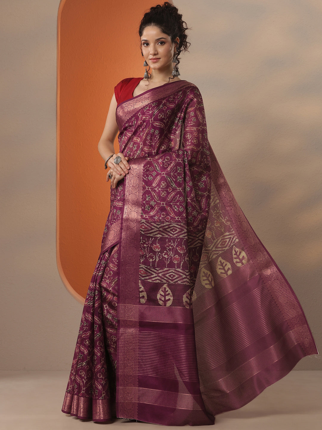  Burgundy Printed Kota Saree With Unstitched Blouse Piece 