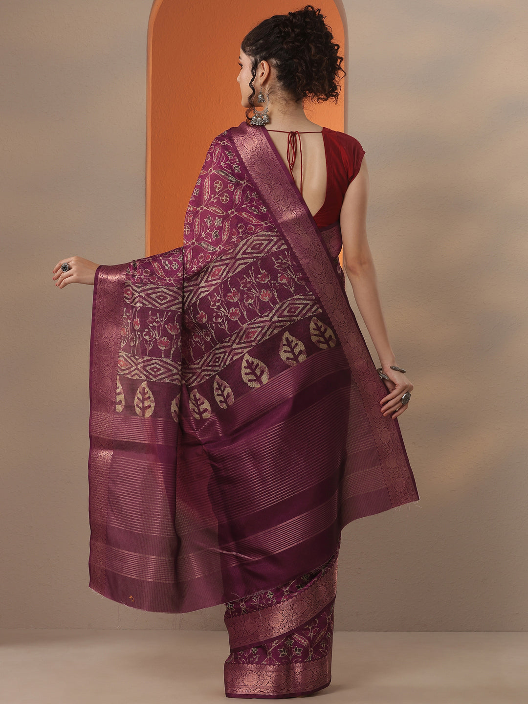  Burgundy Printed Kota Saree With Unstitched Blouse Piece 