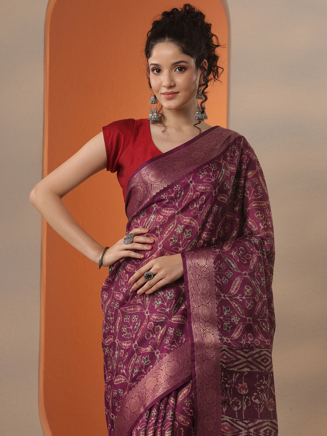  Burgundy Printed Kota Saree With Unstitched Blouse Piece 
