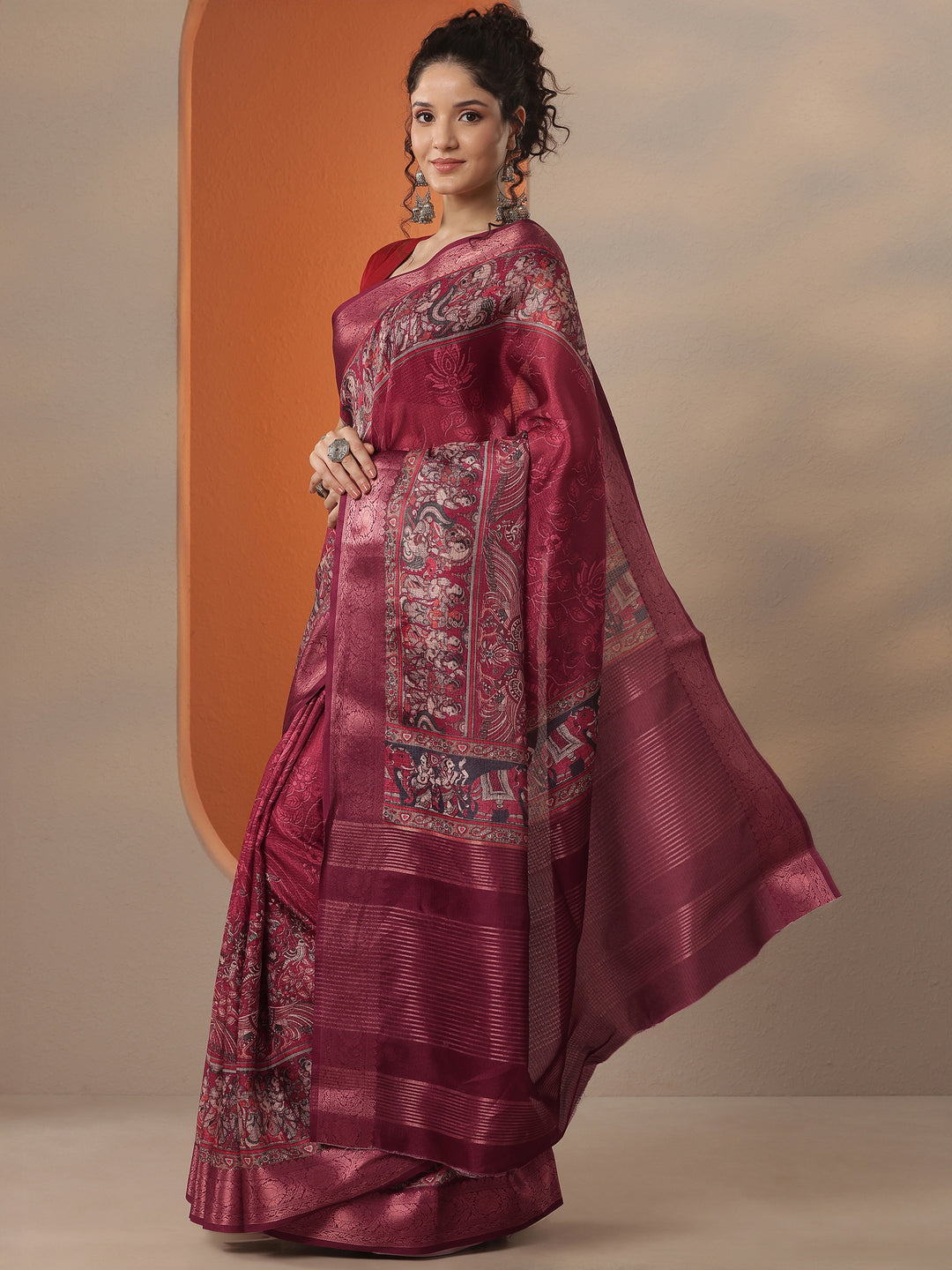  Maroon Printed Kota Saree With Unstitched Blouse Piece 