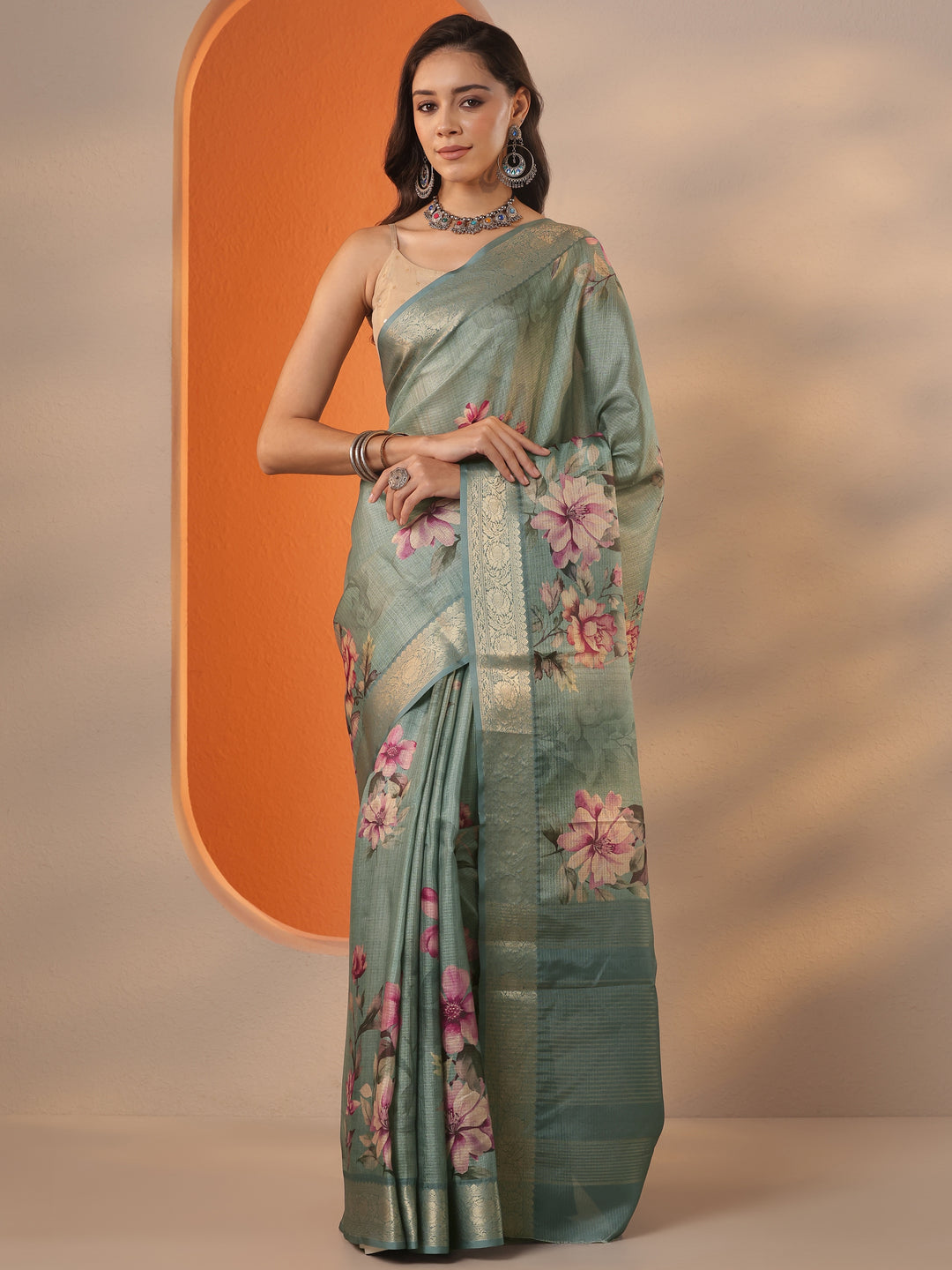  Green Printed Kota Saree With Unstitched Blouse Piece 