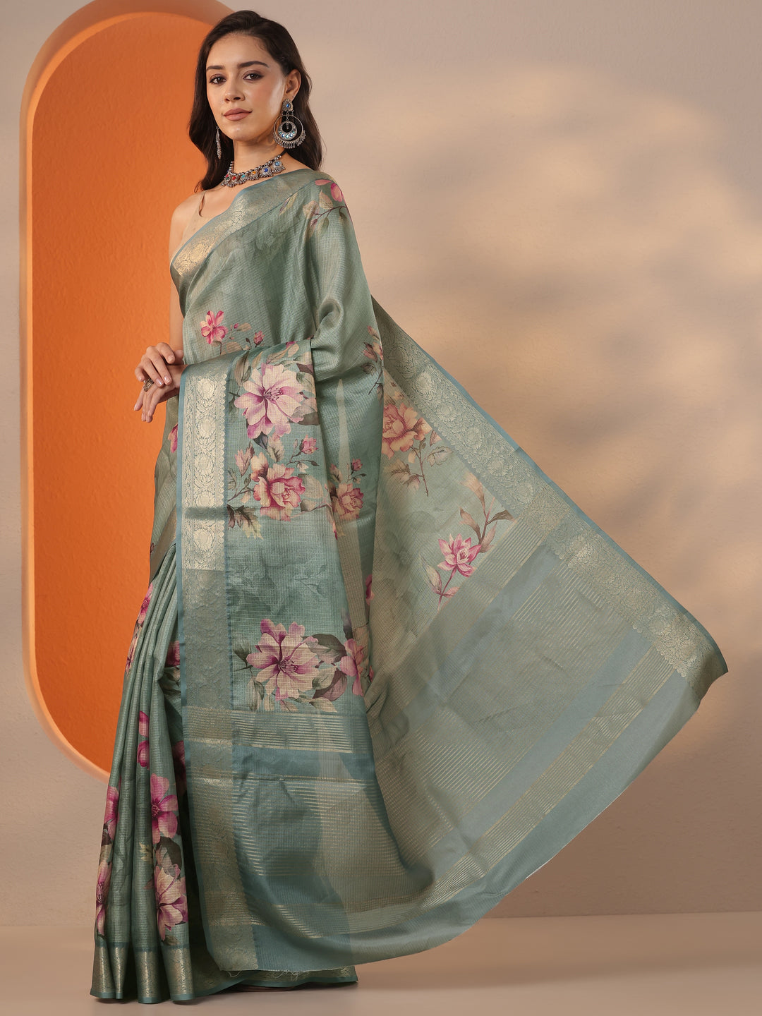  Green Printed Kota Saree With Unstitched Blouse Piece 