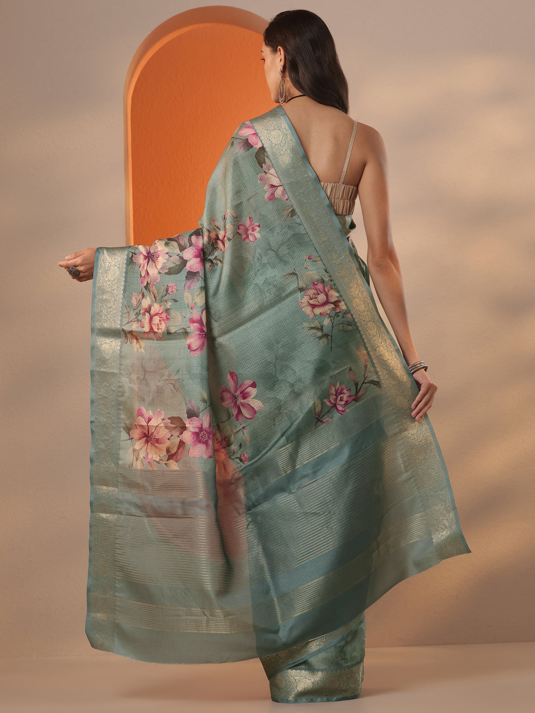  Green Printed Kota Saree With Unstitched Blouse Piece 