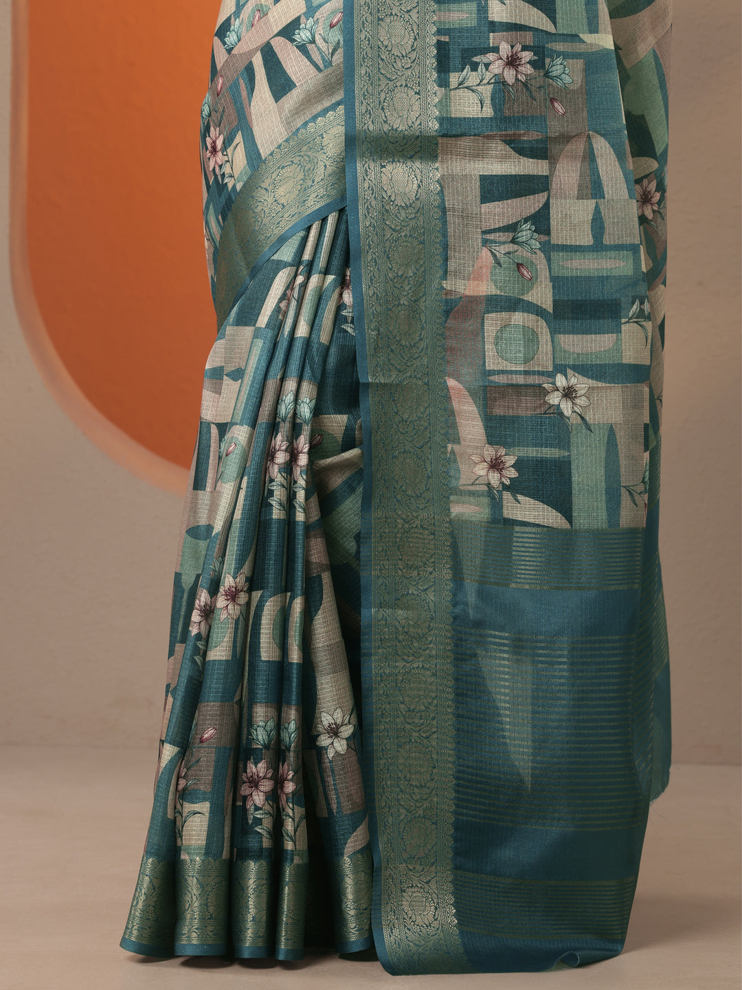  Teal Printed Kota Saree With Unstitched Blouse Piece 