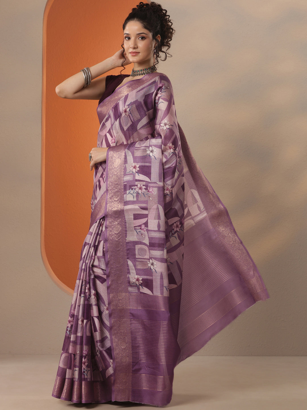  Lavender Printed Kota Saree With Unstitched Blouse Piece 