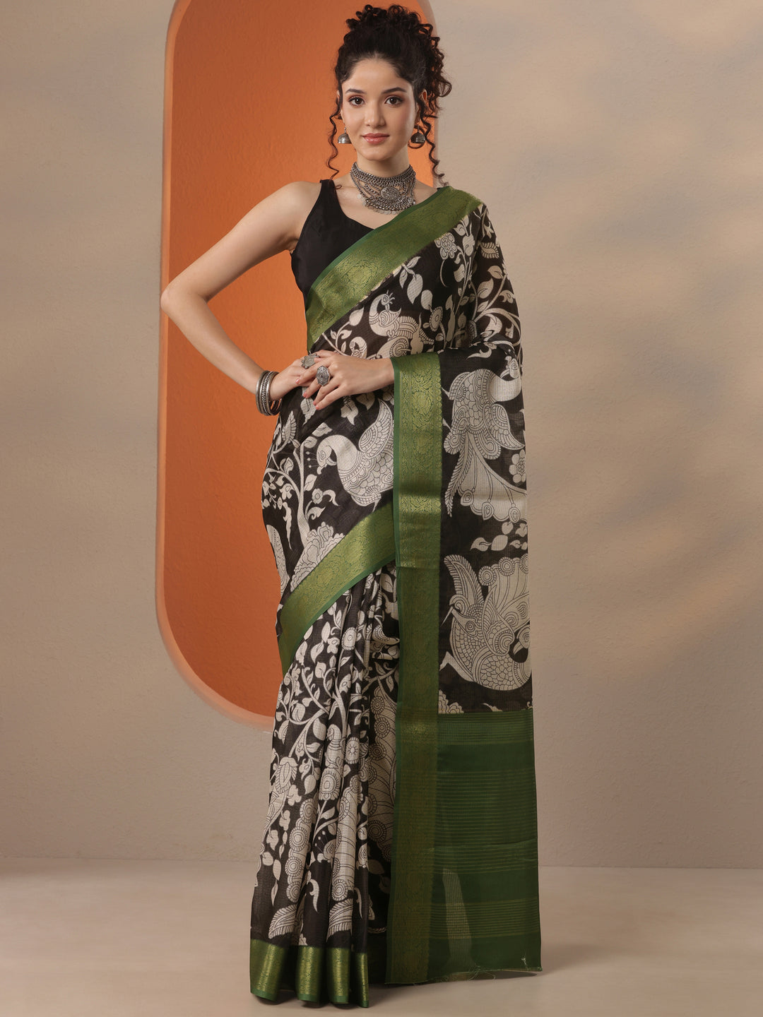  Black Printed Kota Saree With Unstitched Blouse Piece 