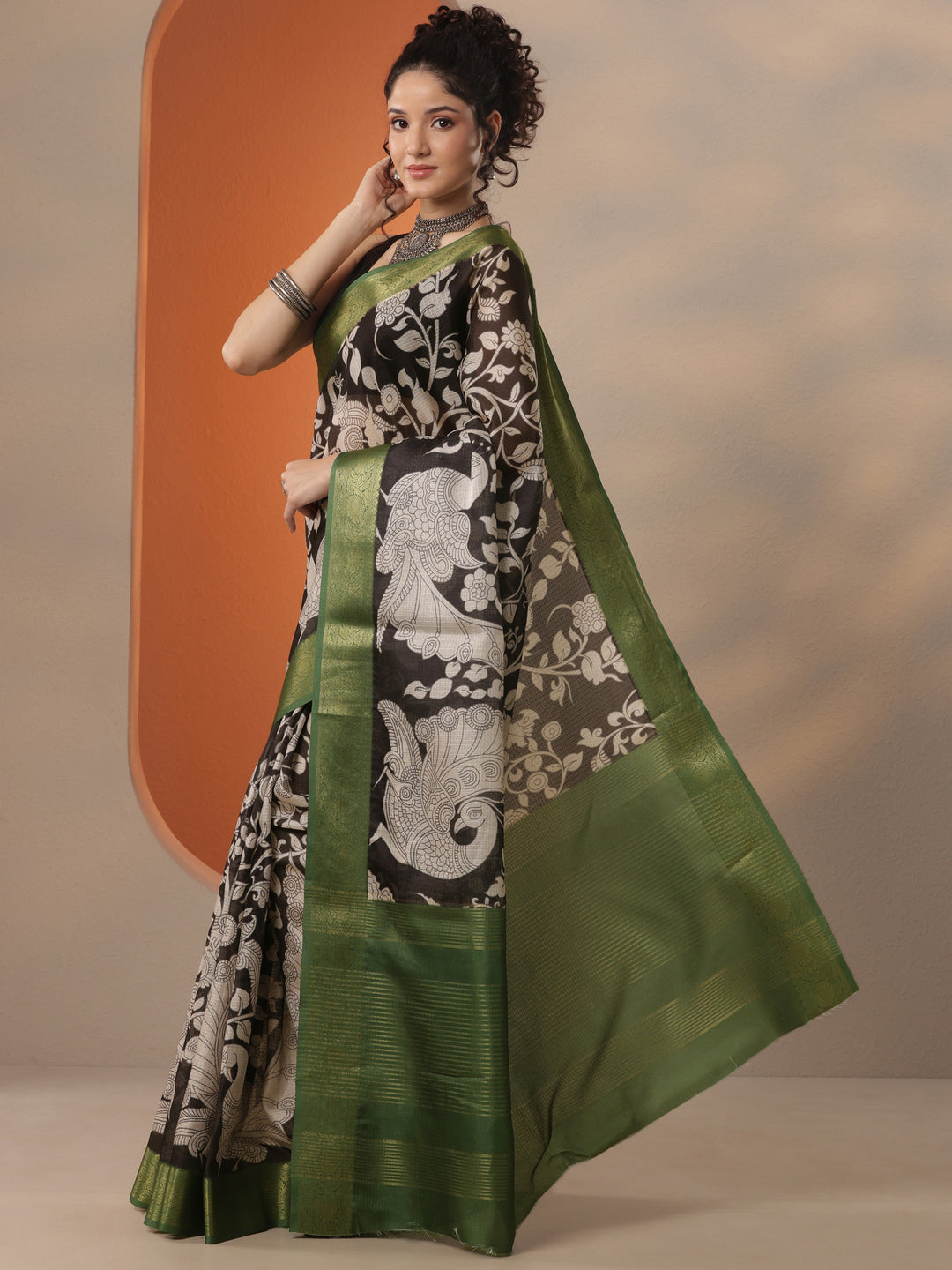  Black Printed Kota Saree With Unstitched Blouse Piece 