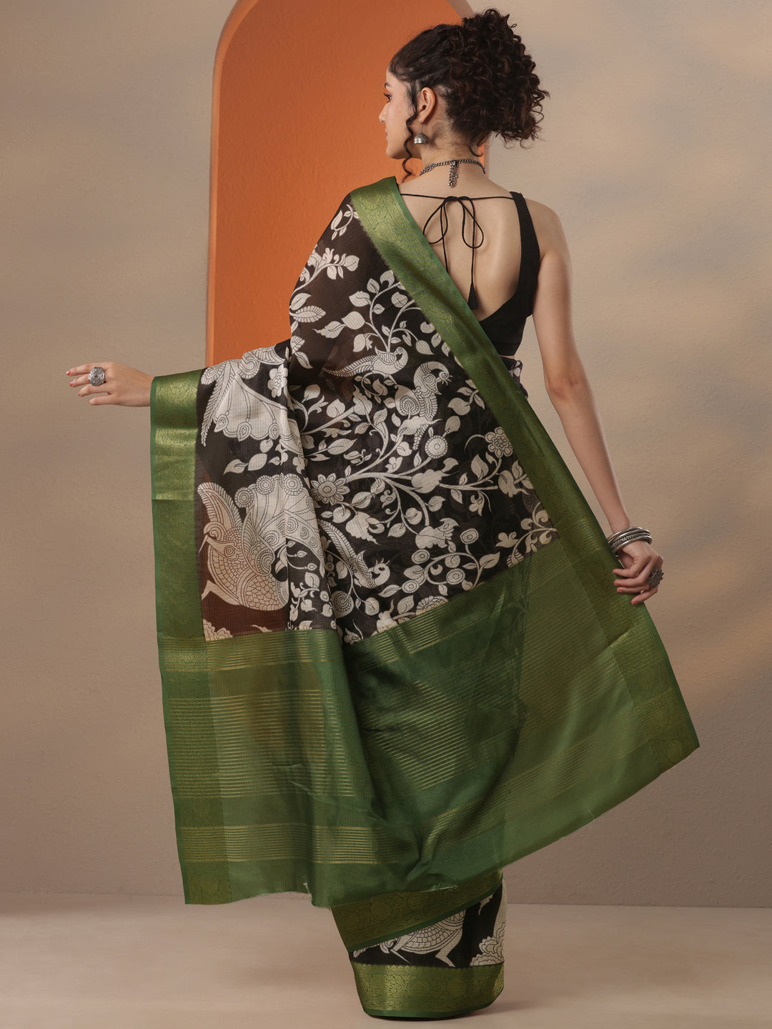  Black Printed Kota Saree With Unstitched Blouse Piece 