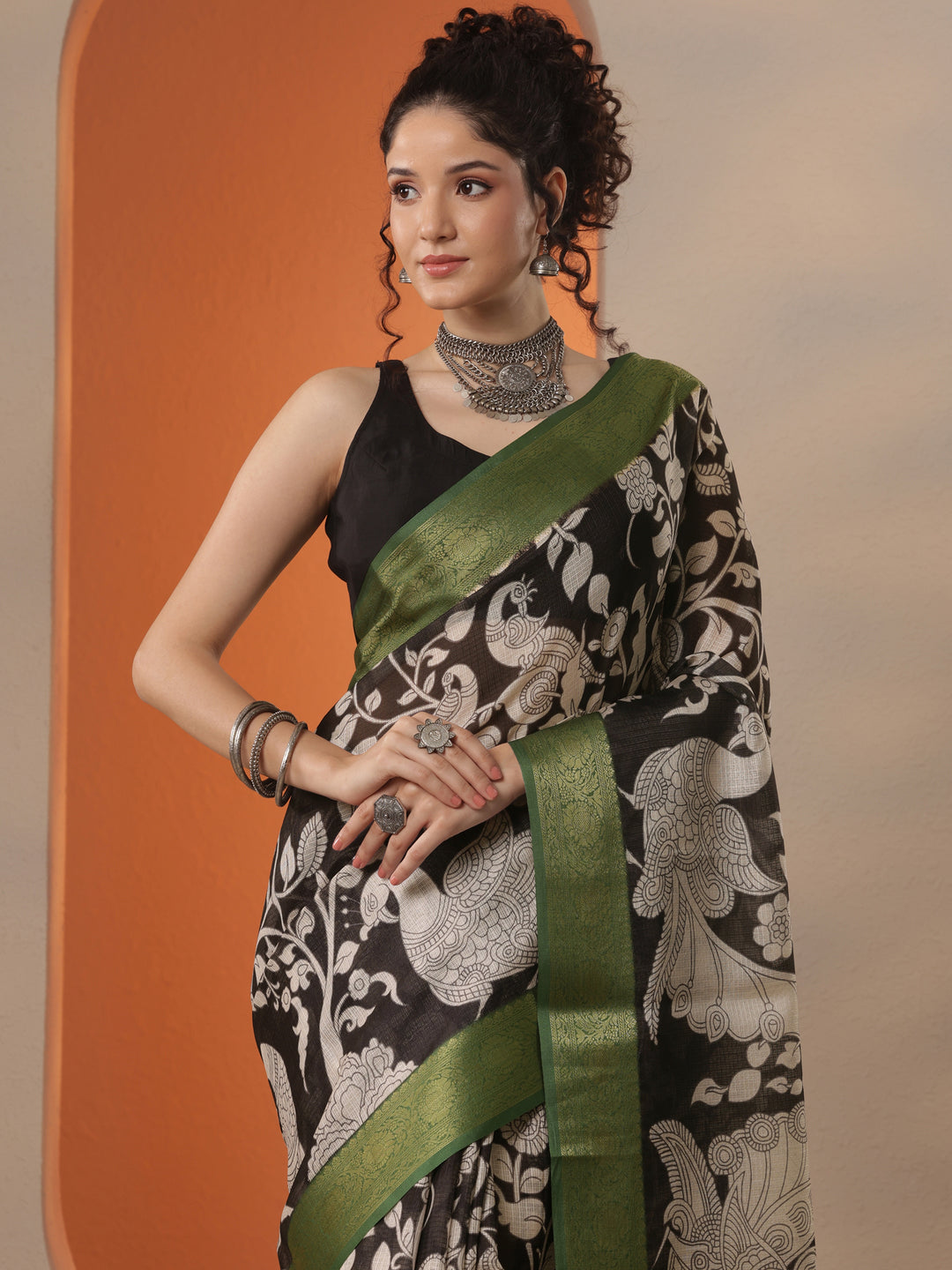  Black Printed Kota Saree With Unstitched Blouse Piece 