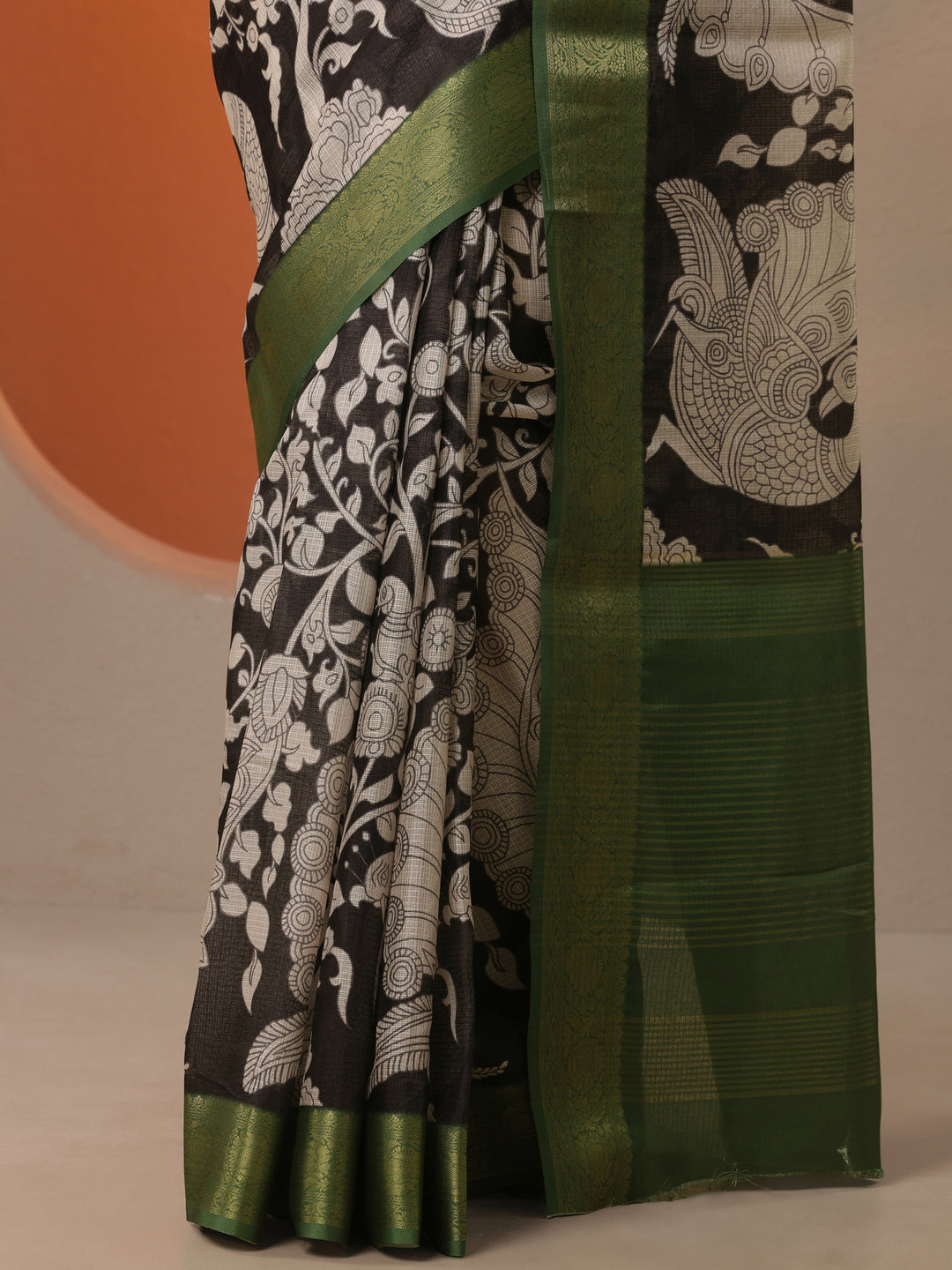  Black Printed Kota Saree With Unstitched Blouse Piece 