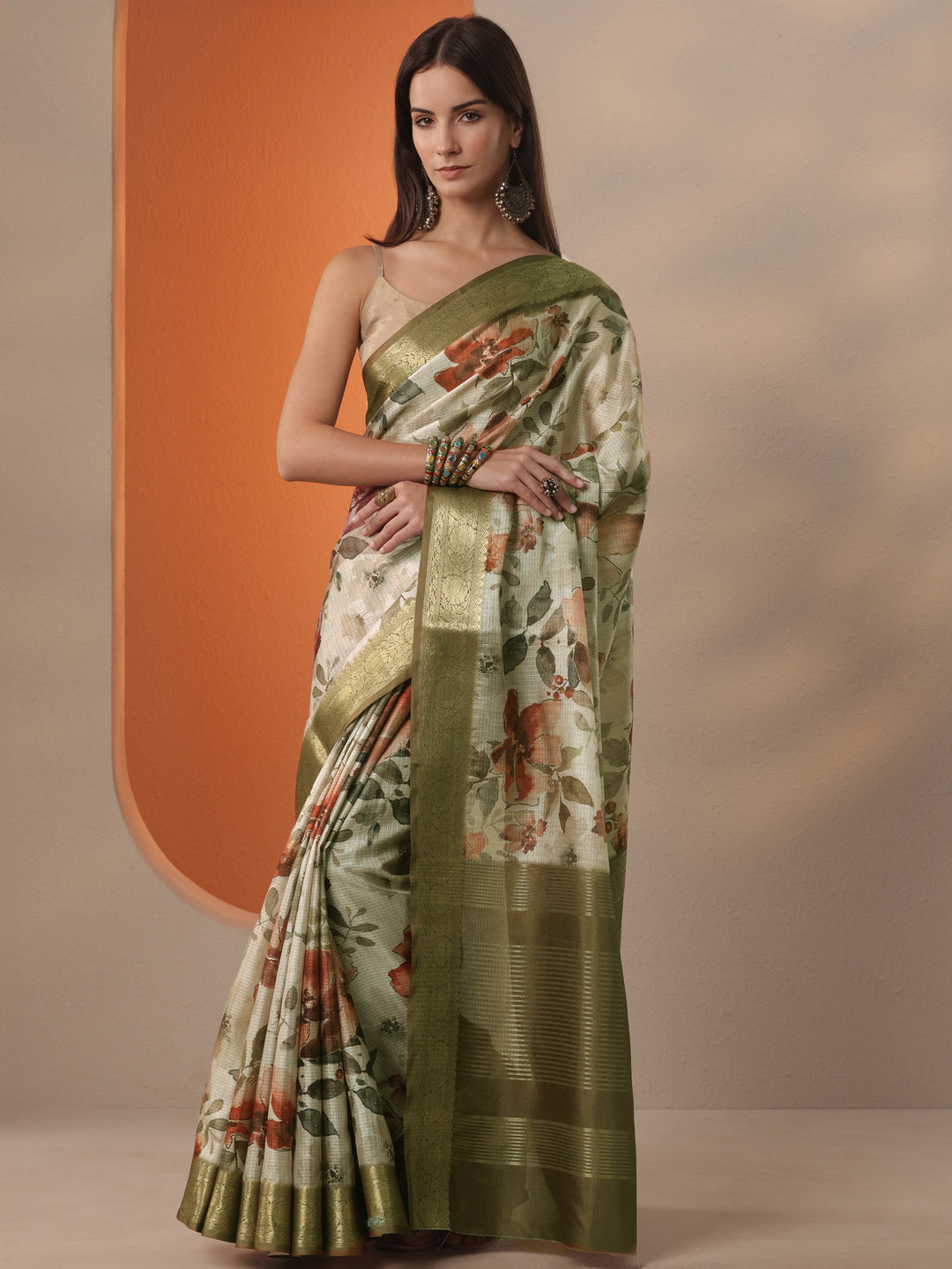  Beige Printed Kota Saree With Unstitched Blouse Piece 