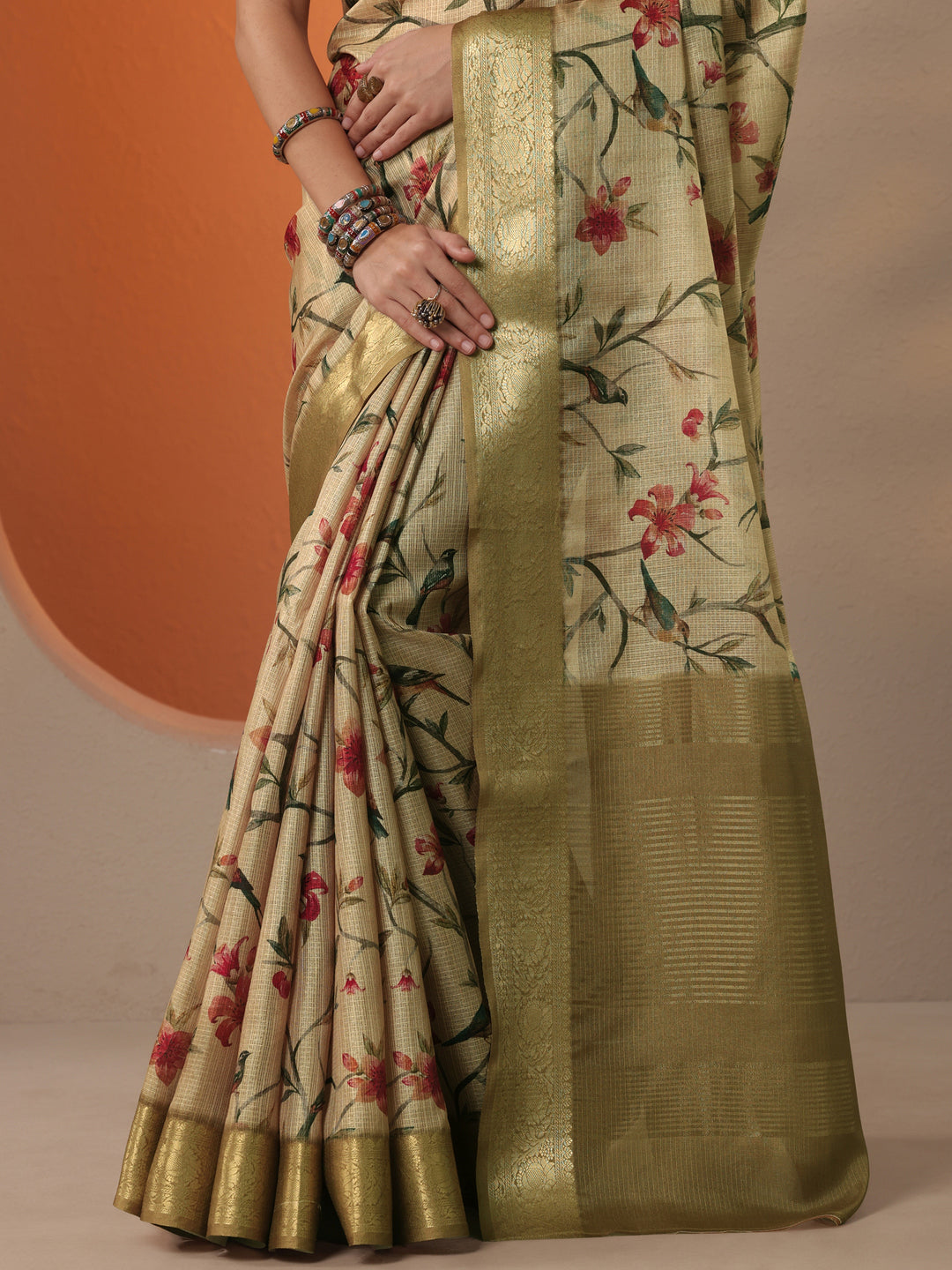  Gold Printed Kota Saree With Unstitched Blouse Piece 