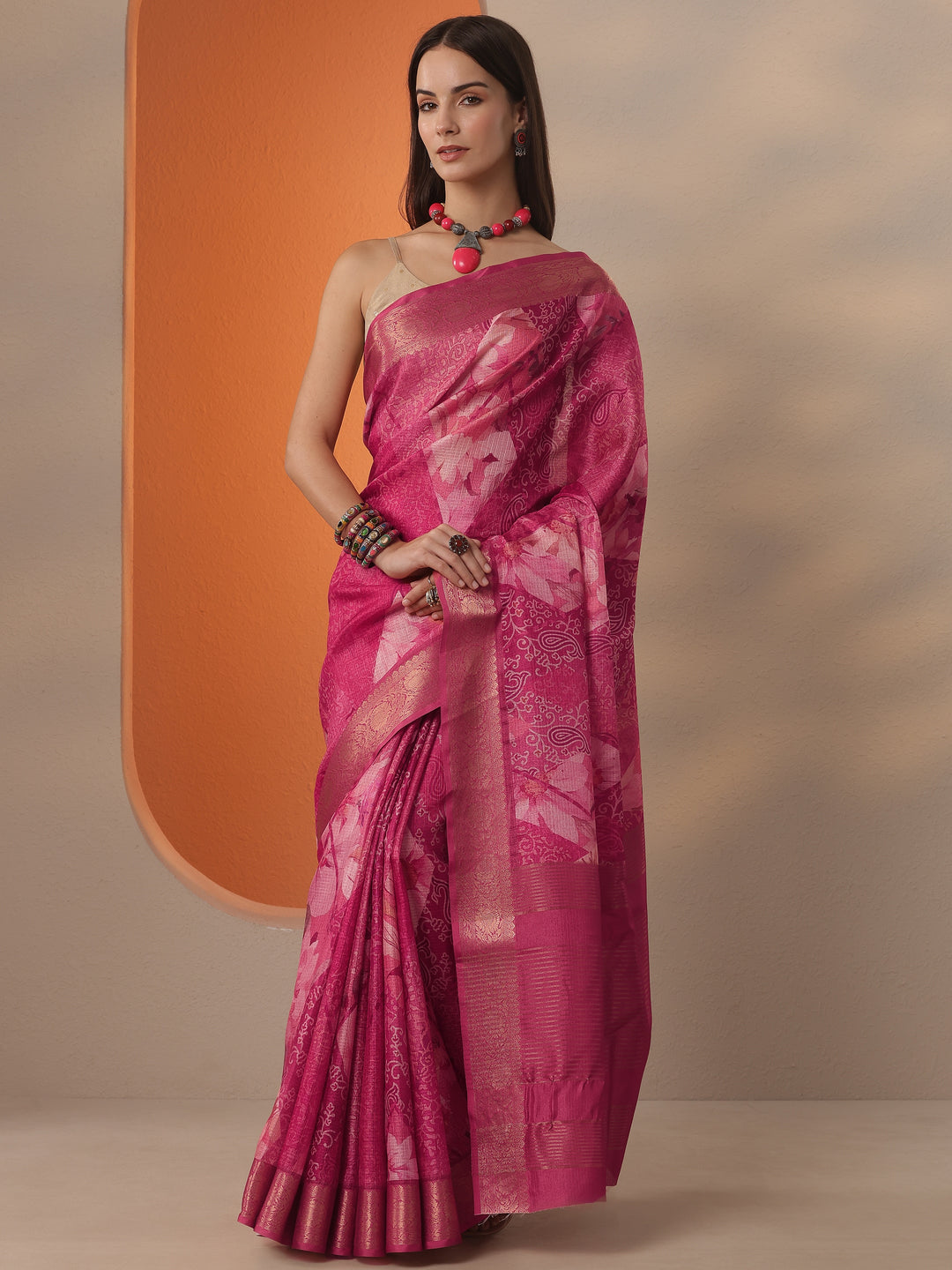  Pink Printed Kota Saree With Unstitched Blouse Piece 