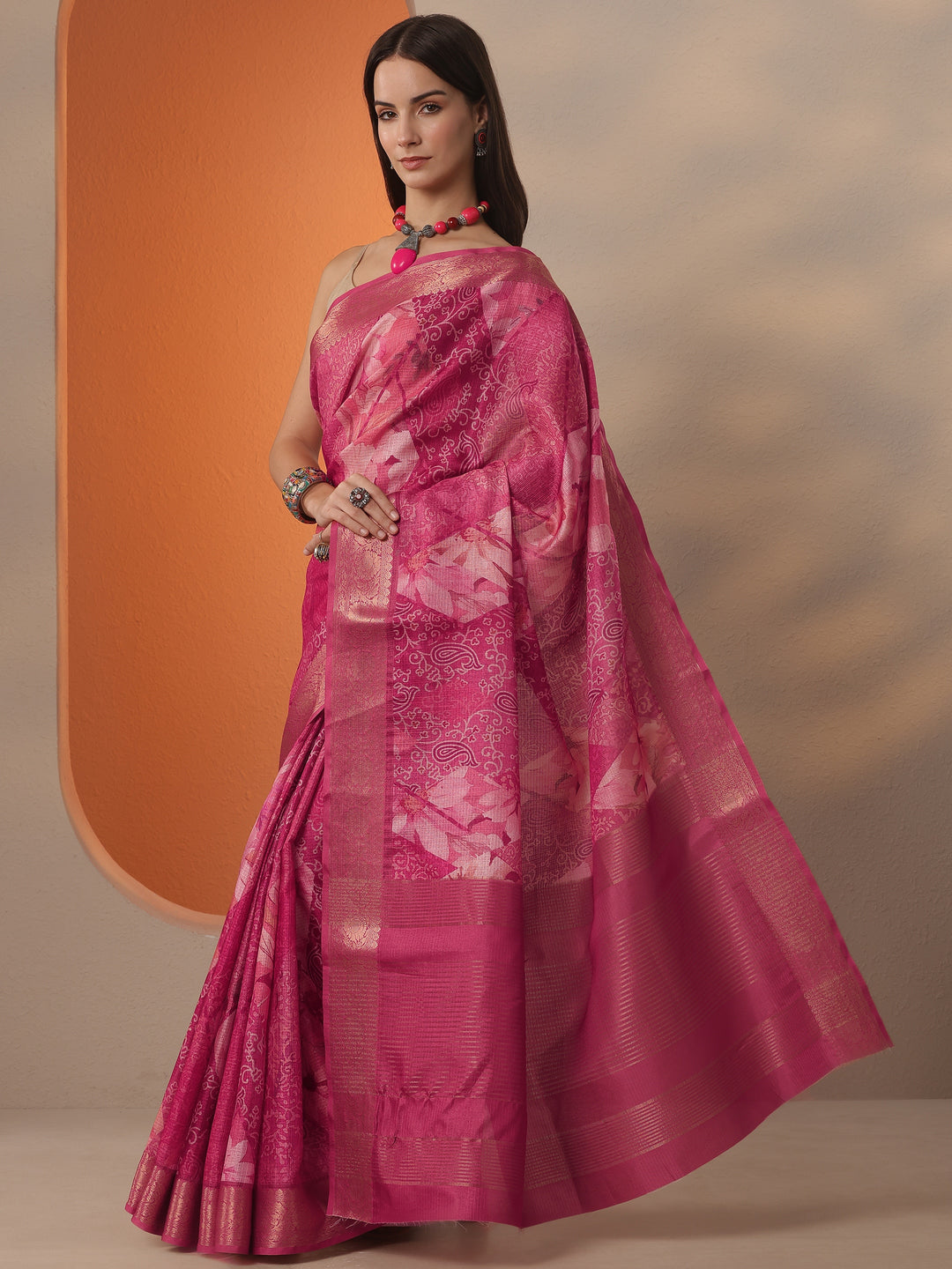  Pink Printed Kota Saree With Unstitched Blouse Piece 