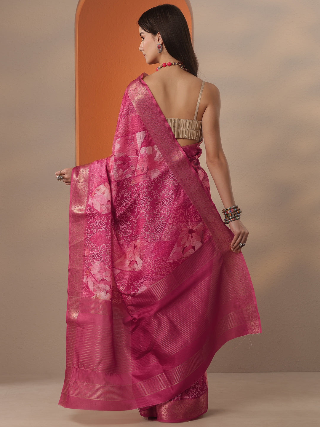 Pink Printed Kota Saree With Unstitched Blouse Piece 