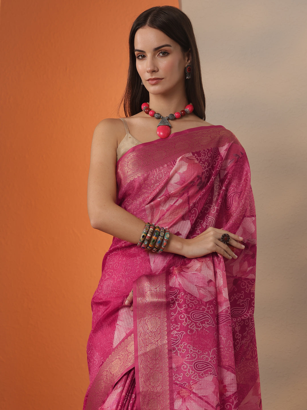  Pink Printed Kota Saree With Unstitched Blouse Piece 